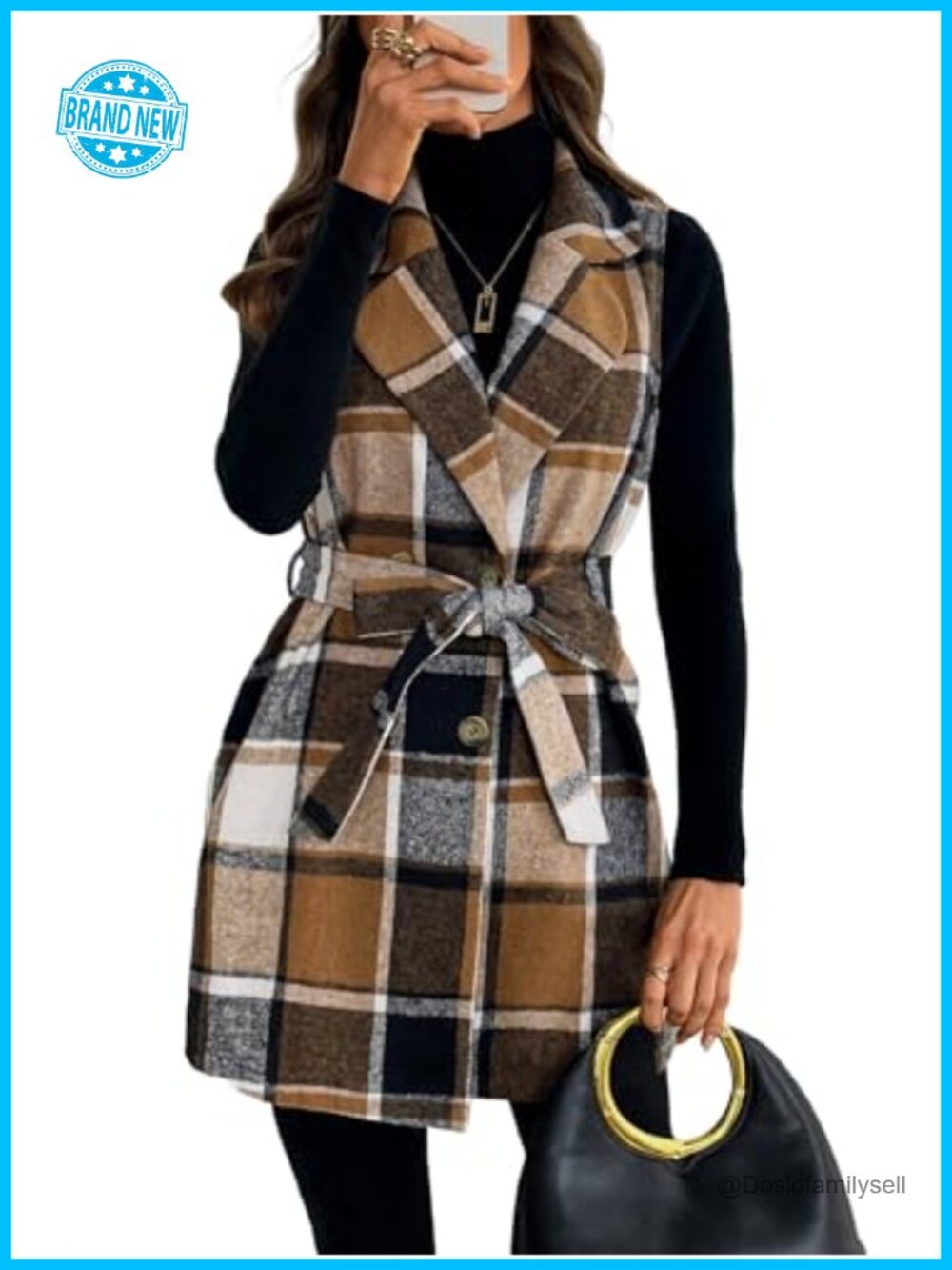 Women's Double Breasted Plaid Vest Waist Tie Sleeveless Cardigan Blazer Coat